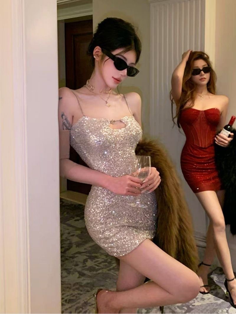 French-Style Light Luxury Elegant Ladylike Sexy Shiny Suspender Dress Slim Fit Hip-Hugging Short Skirt Autumn and Winter New Women's Clothing