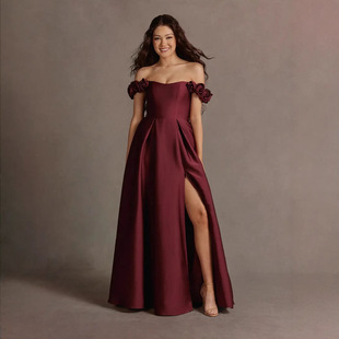 European and American Shoulder Slit Evening Dress Amazon New wine red Bride Toast Dress for Annual Meeting Host Dress for Women