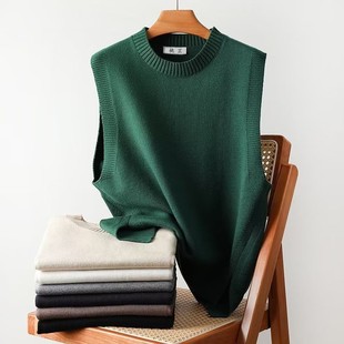 Early Spring Sleeveless Sweater Men's Green Waistcoat Vest Split Loose Inner Pullover Base Shirt Crewneck Knitted Vest