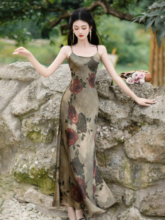 Real shot dry rose vintage printed suspenders dress matching coat two-piece suit