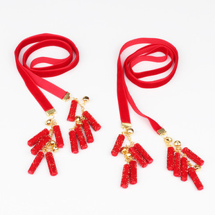 Ancient style red velvet ribbon gold lock hair band Girls' Chinese style braided festive Bell hair rope lion hair ball