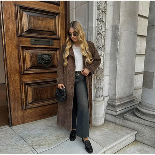European and American Cross-border 2025 Spring Women's Trenchcoat Elegant khaki Faux Leather Double-breasted Lapel Coat