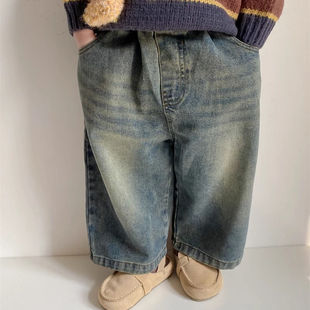 Boys and girls pants 2024 spring new baby nostalgic retro casual straight jeans baby wide leg pants tide