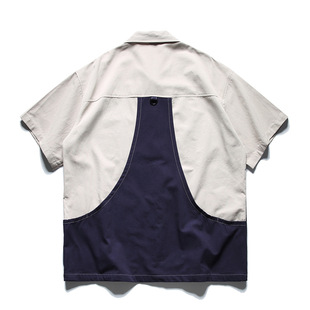 Japanese Style Vintage Washed Multi-Pocket Contrast Color Stitching Short-Sleeved Shirt Loose Cotton Half-Sleeve Tooling Shirt for Men and Women