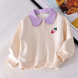Girls' Korean-style Loose Solid Color Lasel Pullover Middle and Big Children's Spring New Strawberry Fashionable Trendy Top