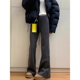 Dark gray micro-pull casual sports pants women's pear-shaped figure plus size chubby girl high waist slimming stretch American flared pants
