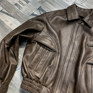Retro Maillard "coffee block" brown sheepskin jacket loose short motorcycle leather coat