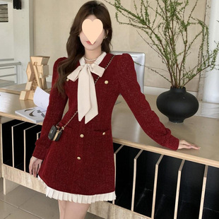Gentle Style Red dress Women's Early Spring Bow Lace-up Waisted Thin Flash Fashionable Elegant Short Skirt