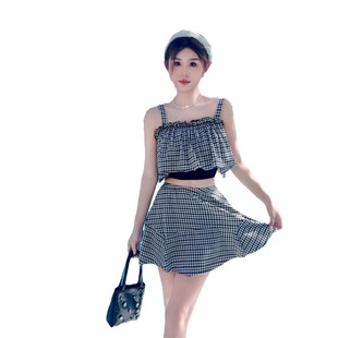 Split Skirt Swimsuit Women's 2024 New Sports Sunscreen Hot Spring Conservative Plaid Slimming Hot Spring Swimsuit