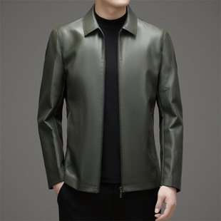 Brand Leather Men's 2025 Autumn and Winter Fashion Casual Lapel Men's Leather Jacket Single Leather fleece-lined Dad Jacket