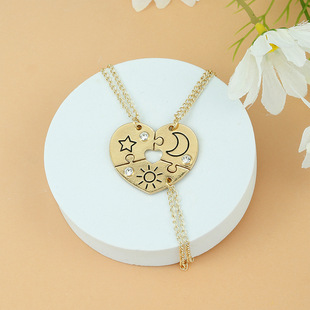Love Three-person Stitching Necklace Alloy Pendant Sun Moon Star Pendant Hollow Hanging Ornaments for Men and Women Students Gift Jewelry