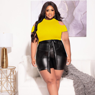 Amazon New Foreign Trade plus size European and American Fashion Women's Solid Color Shoulder Top Sexy Hip Leather Pants suit
