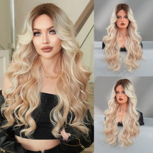 Cross-border small t Platinum Lace wig long curly hair big wave medium points realistic women's Chemical Fiber full head cover wholesale