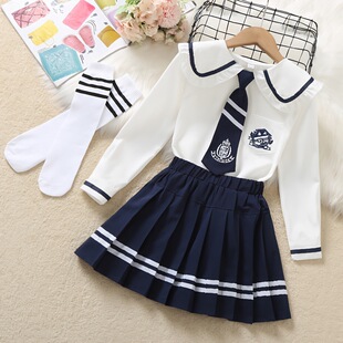 Girls suit JK Uniform Spring New Style Fashion College Style Children's Sweater Shirt Pleated Skirt Two-piece Set