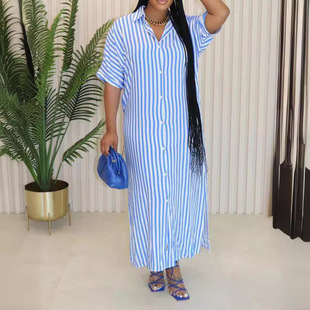 LD2078 European and American summer Amazon new vertical stripe loose long side split short sleeve shirt dress