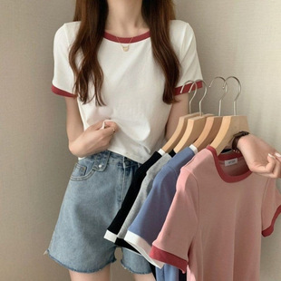 Contrast Color Round Neck Short-Sleeved T-Shirt for Women 2025 New Summer Bottoming Shirt Korean Style Slim Short Student Top Trendy