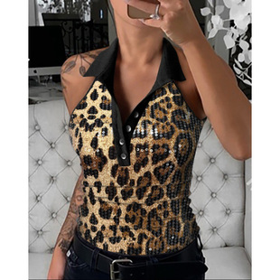 2025 cross-border new Amazon AliExpress sequin lapel sleeveless top women's clothing