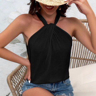 European and American Amazon Cross-border 2025 Spring All-match Commuter Inner Shoulder Oblique Collar Design Ice Silk Vest