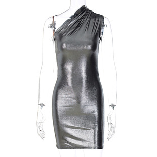 European and American style women's clothing 2024 autumn new sexy slim solid color diagonal shoulder sleeveless hip dress wholesale foreign trade