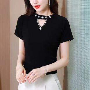 2025 Outer Wear Beautiful Back Suit Inner Base Top Beaded Women's T-shirt Short-sleeved Slim-fit Pullover Elegant Small Shirt