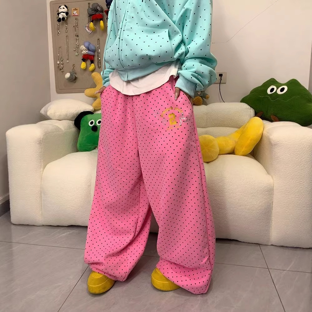 2026 Spring and Autumn Pink Polka Dot Print Sweatpants Unisex American Street Dance Jazz Dance Loose Wide-Leg Pants