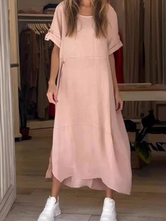 Amazon New 2024 European and American Cross-border Women's Summer Wind Loose Casual Solid Color Short-sleeved Cotton and Linen dress