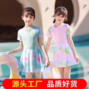 2024 New Children's Swimwear Girls' One-piece Skirt Girls' Mid-child Surfing Conservative Student Sports Western Style Swimsuit