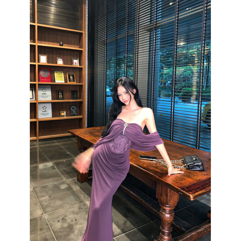 Purple is very charming new pure temperament socialite waist slimming hip fishtail dress dress women