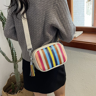 Cross-border Bag Women's Crossbody Bag Tassel New Top Layer Cowhide Niche Shoulder Bag Genuine Leather Contrast Color Small Square Bag Trendy