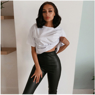 Spring 2022 slim fit tight bow PU leather solid color cropped pants high waist black ordinary straight leggings leather pants