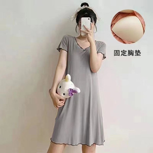 Pajamas Women's Summer Short-sleeved Nightgown with Chest Pad Solid Color V-neck Pajamas Simple dress Home Clothes 9 Color Velvet