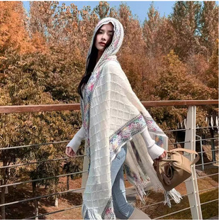 Ethnic style shawl women's autumn and winter outer wear long retro cloak tassel cloak scarf Yunnan travel vacation wear
