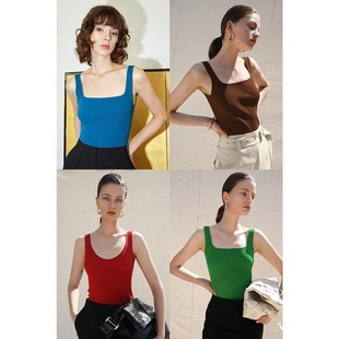 Square Neck U-Neck Two-Way Knit Camisole for Women, Summer Ice Silk Slim Short Sleeveless Base Top