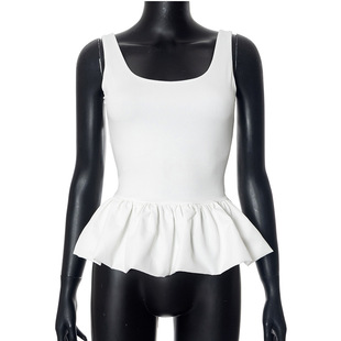 Q24TP153 European and American Women's Summer New Solid Color Sleeveless Backless Square Collar Bubble Sexy Vest Small Top for Women