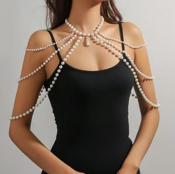 European and American Cross-Border Multi-Layered Pearl Body Chain for Women, Fashionable Exaggerated Chest Jewelry, Dress Shawl Accessory