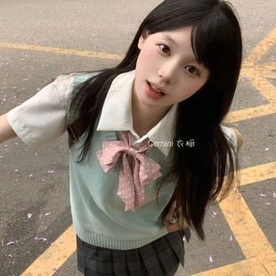 Summer Jk Uniform Pullover Vest Women's Preppy Style Versatile Solid Color Short-Sleeve Shirt Plaid Skirt Short Skirt Set Women