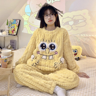 Factory wholesale wheat ear jacquard coral fleece pajamas for women 2023 autumn and winter sweet style thickened round neck can be foreign trade