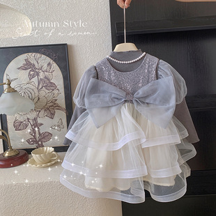 Autumn new sequin bow mesh gray vest skirt cake skirt children bubble sleeve base shirt suit