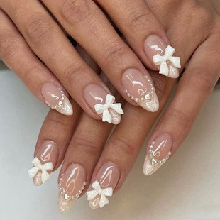 White French Pearl White Bow Fake Nail Fleshy Pointy Nude Drop Dressing Armor 24 Pieces Boxed