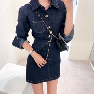 In stock size has been updated South Korea chic autumn lapel long sleeve Denim shirt Women's waist slimming sheath skirt
