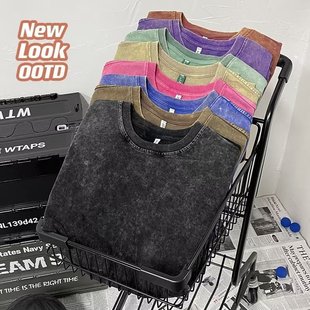 2023 Heavy Dressed Light Plate Cotton Short Sleeve T-shirt Men's and Women's Same Style Shoulder Sleeve Retro 5-point Sleeve Loose Top for Outer Wear