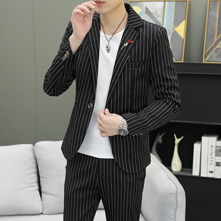 Spring and Autumn Men's Jacket Korean Striped Suit suit Men's Handsome Trendy Casual Suit Groom's Best Man Wedding
