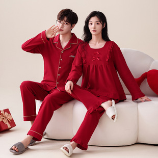 Wedding couple pajamas spring and autumn cotton long-sleeved waffle birth year wine red women's autumn high-end homewear