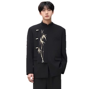 New Chinese Style Men's Dress Engagement Ceremony Irregular Suit suit Guofeng Vertical Collar Golden Bamboo Embroidered Zhongshan Suit