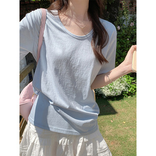 Wushi good * women's series small fresh pink dopamine short sleeve T-shirt women's 2024 summer U collar loose