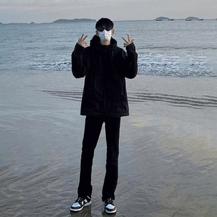 2023 New Trendy Brand Black Jeans Men's Straight American Vibe Pants High Street Explosions Fleece-lined Micro-pants