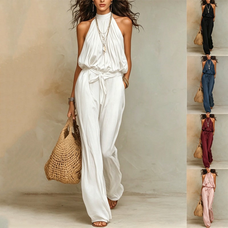 2026 New European and American Style Bohemian Halter Neck Jumpsuit for Women, Cotton and Nylon, Tie-Waist, Wide-Leg, Vacation, Sleeveless Long Pants