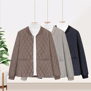2024 Solid Color Spring and Autumn New Motherly Wearing Cotton-padded Jacket Rhombic Loose Middle-aged and Elderly Lightweight Round Neck Small Cotton-padded Coat