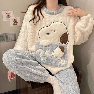 Коралловый бархатный пижама леди осень и зима новый бархатный толстый круглый воротник милый мультфильм чай с молоком крыса теплая домашняя одежда