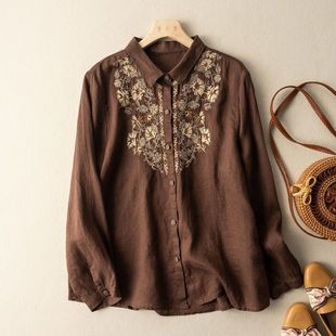 Plus size women's clothing 2023 early autumn new printed linen shirt women's long sleeve niche cotton and linen shirt bottoming top
